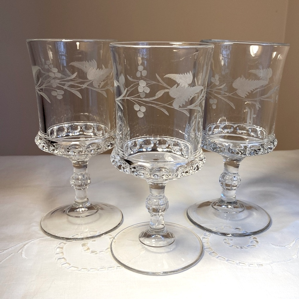 Vintage Water Glasses EAPG Ripley and CO Dakota Etched Ferns Berries Set of 3